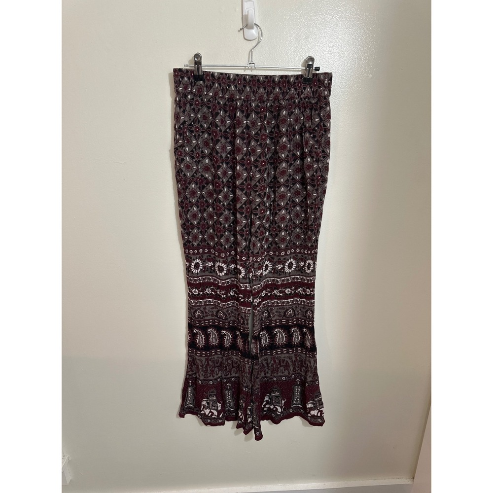 Earthbound Trading Co Burgundy Boho Elephant Print Wide Leg Palazzo Pants Medium